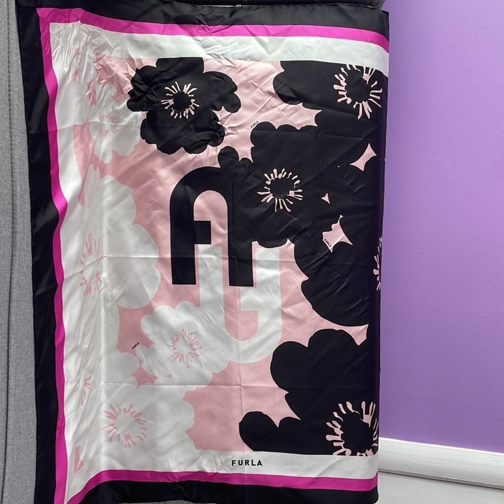 New Furla Pink and Black 100% Silk Scarf